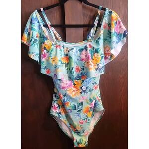Floral Off Shoulder One Piece Swimsuit Medium Removeable Pads Colorful Sleeves